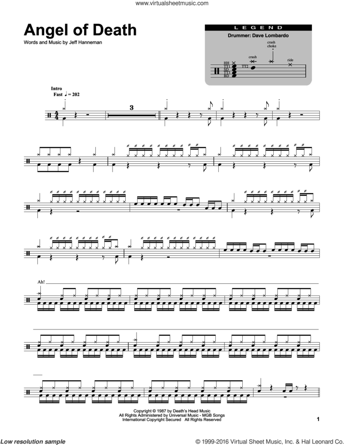 Angel Of Death sheet music for drums by Slayer and Jeff Hanneman, intermediate skill level