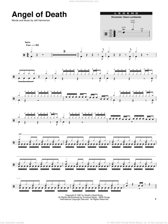 Angel Of Death sheet music for drums by Slayer and Jeff Hanneman, intermediate skill level