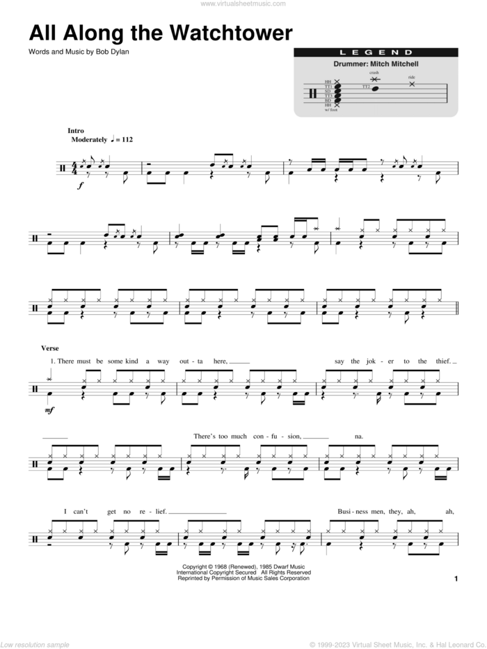 All Along The Watchtower sheet music for drums by Jimi Hendrix, The Jimi Hendrix Experience and Bob Dylan, intermediate skill level