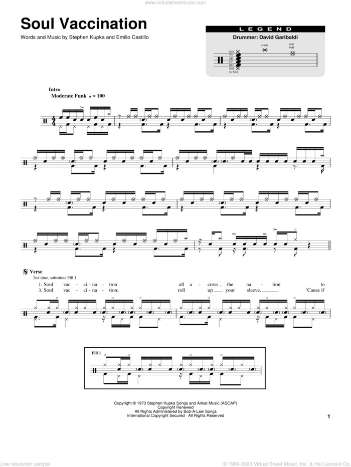 Soul Vaccination sheet music for drums by Tower Of Power, Emilio Castillo and Stephen Kupka, intermediate skill level