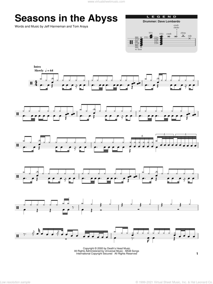 Seasons In The Abyss sheet music for drums by Slayer, Jeff Hanneman and Tom Araya, intermediate skill level