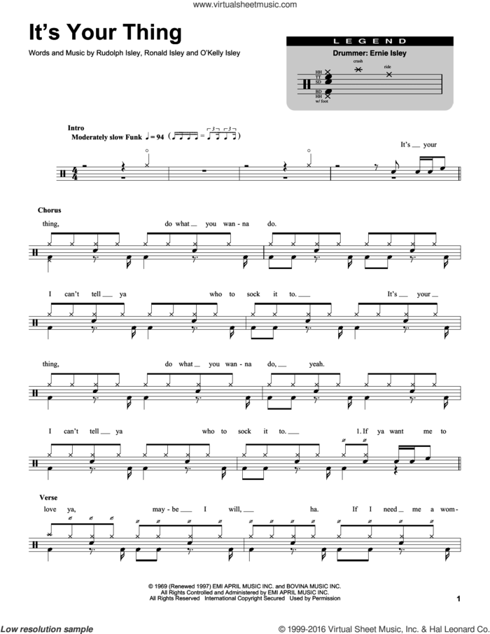It's Your Thing sheet music for drums by The Isley Brothers, O Kelly Isley, Ronald Isley and Rudolph Isley, intermediate skill level