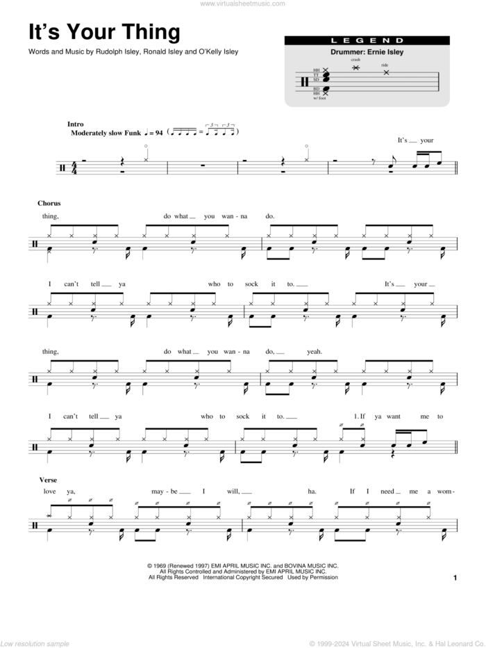 It's Your Thing sheet music for drums by The Isley Brothers, O Kelly Isley, Ronald Isley and Rudolph Isley, intermediate skill level