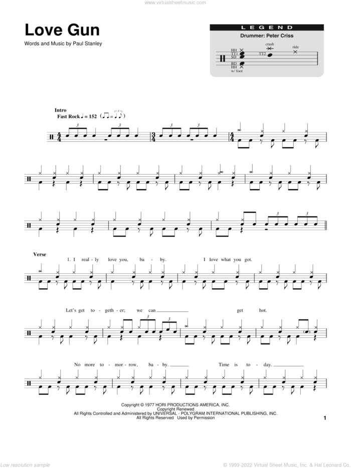 Love Gun sheet music for drums by KISS and Paul Stanley, intermediate skill level