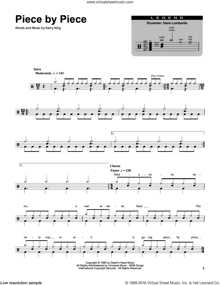 Piece By Piece sheet music for drums by Slayer and Kerry King, intermediate skill level
