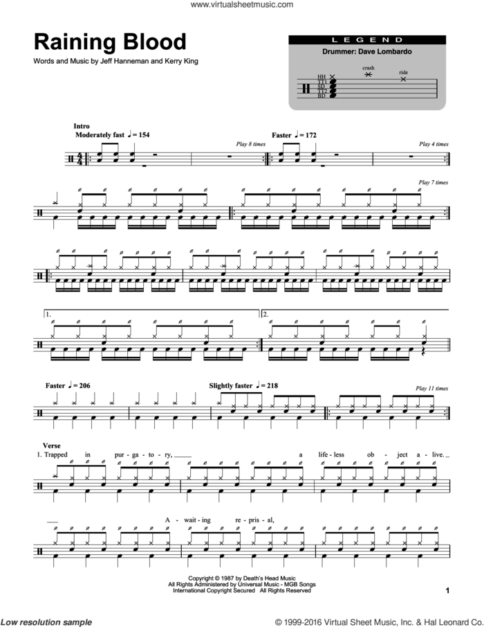 Raining Blood sheet music for drums by Slayer, Jeff Hanneman and Kerry King, intermediate skill level