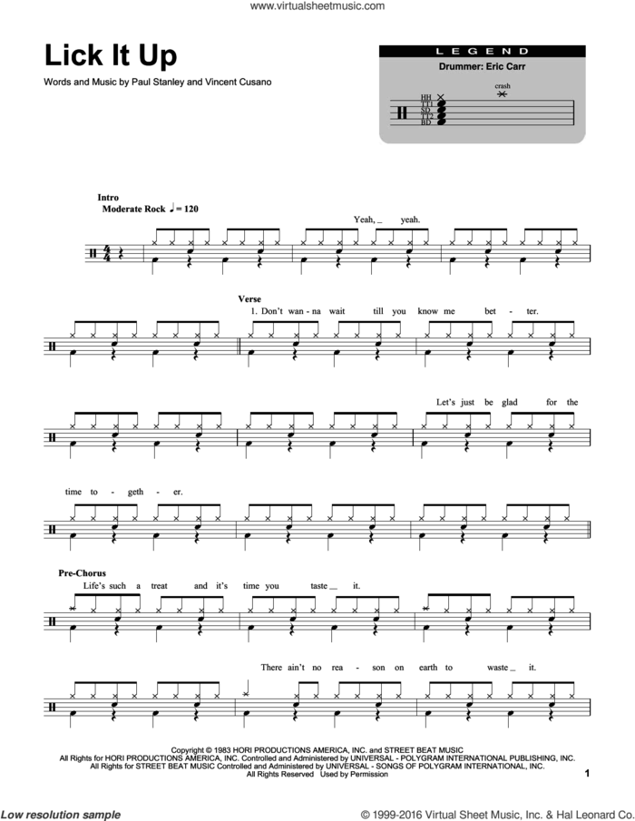 Lick It Up sheet music for drums by KISS, Paul Stanley and Vincent Cusano, intermediate skill level