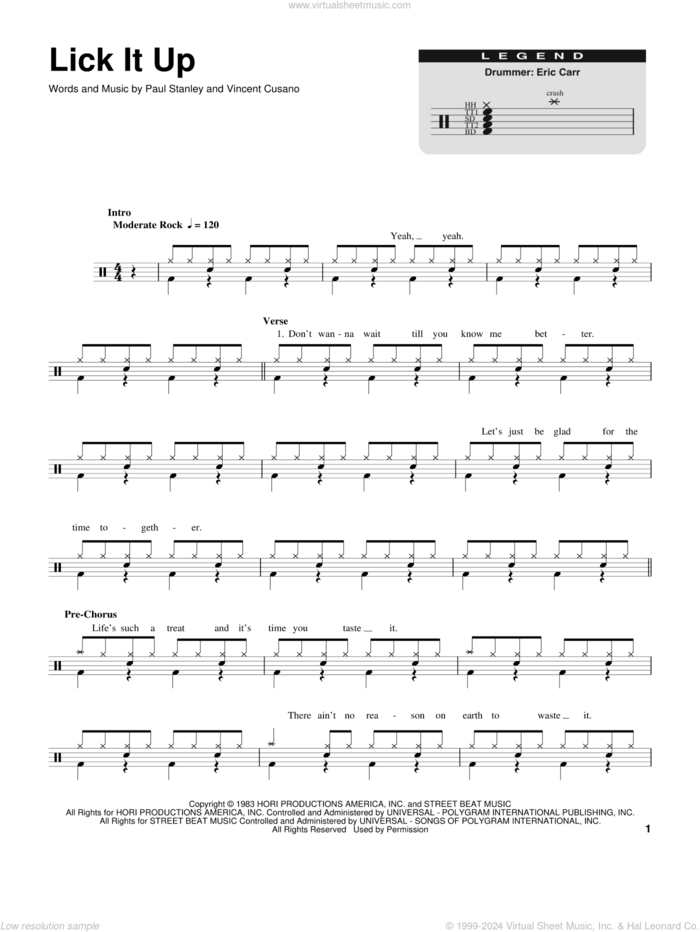 Lick It Up sheet music for drums by KISS, Paul Stanley and Vincent Cusano, intermediate skill level