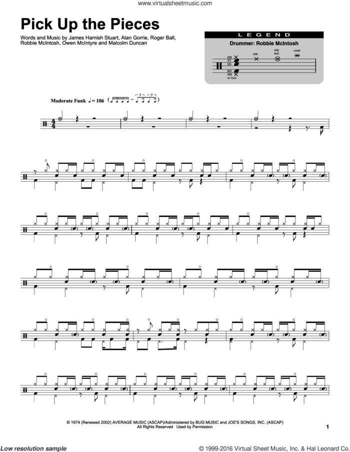 Pick Up The Pieces sheet music for drums by Average White Band, Alan Gorrie, James Hamish Stuart, Malcolm Duncan, Owen McIntyre, Robbie McIntosh and Roger Ball, intermediate skill level