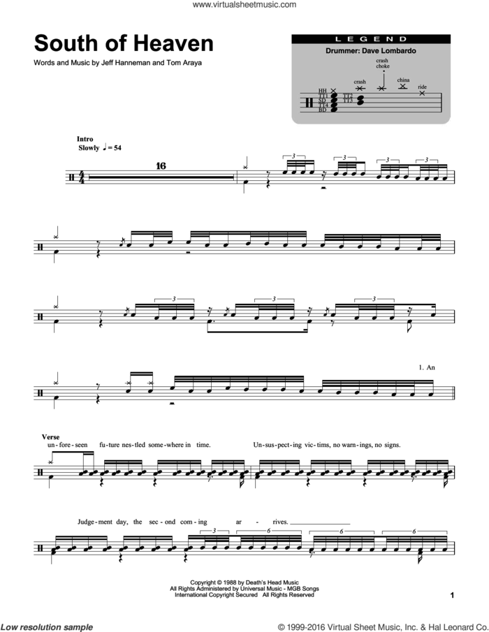 South Of Heaven sheet music for drums by Slayer, Jeff Hanneman and Tom Araya, intermediate skill level