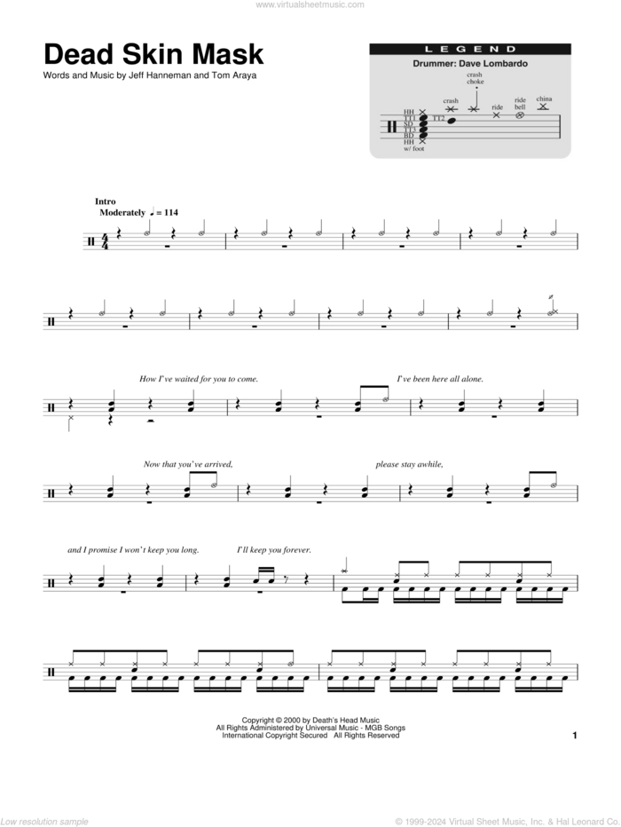 Dead Skin Mask sheet music for drums by Slayer, Jeff Hanneman and Tom Araya, intermediate skill level