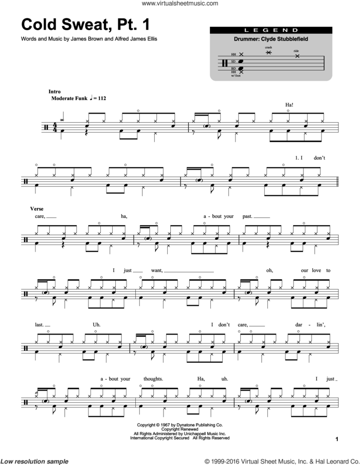 Cold Sweat, Pt. 1 sheet music for drums by James Brown and Alfred James Ellis, intermediate skill level