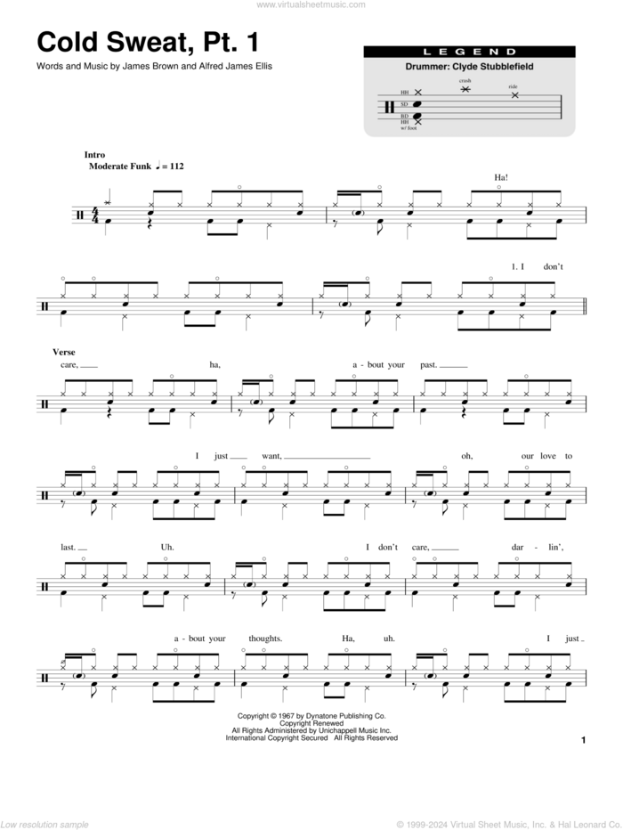 Cold Sweat, Pt. 1 sheet music for drums by James Brown and Alfred James Ellis, intermediate skill level