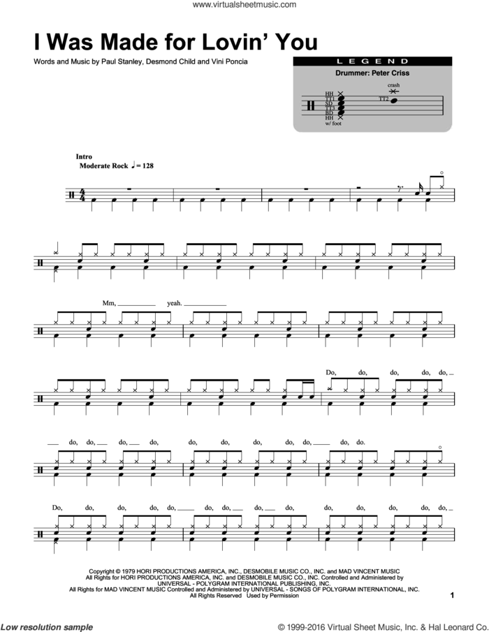 I Was Made For Lovin' You sheet music for drums by KISS, Desmond Child, Paul Stanley and Vini Poncia, intermediate skill level