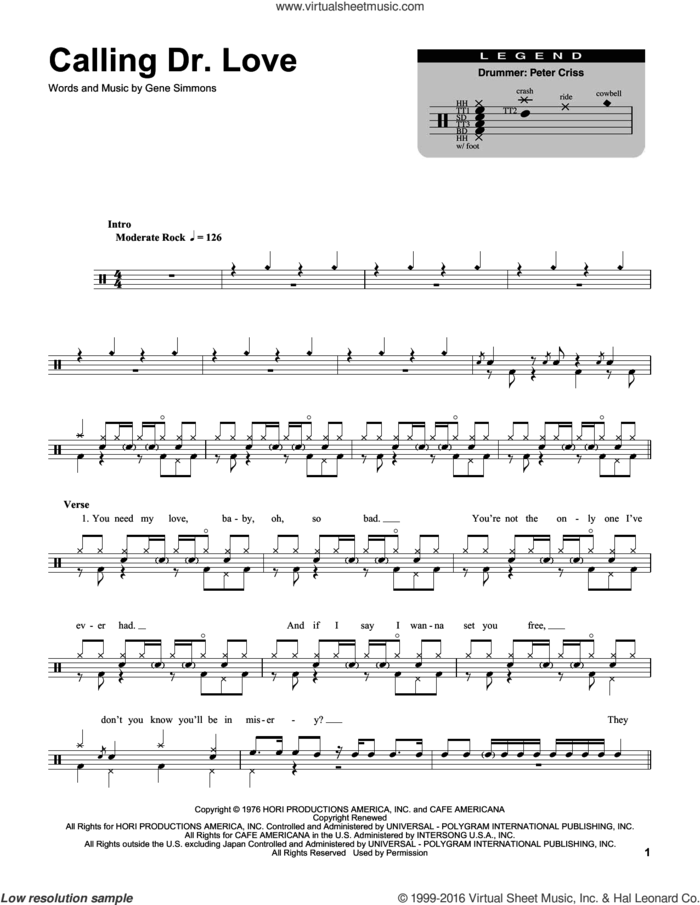 Calling Dr. Love sheet music for drums by KISS and Gene Simmons, intermediate skill level