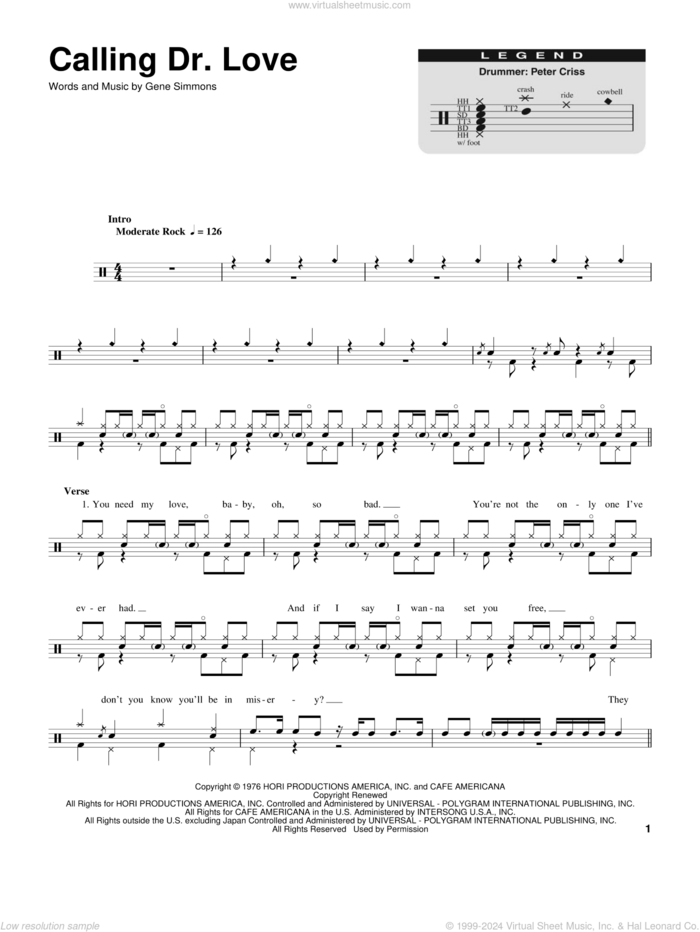 Calling Dr. Love sheet music for drums by KISS and Gene Simmons, intermediate skill level