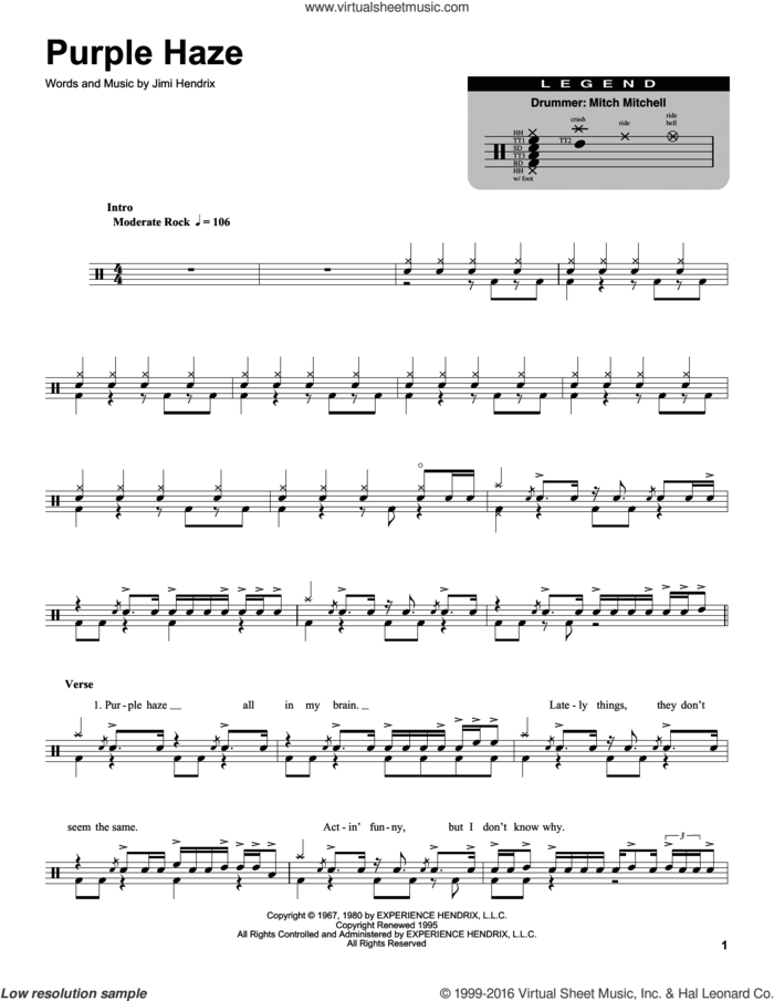 Purple Haze sheet music for drums by Jimi Hendrix, intermediate skill level