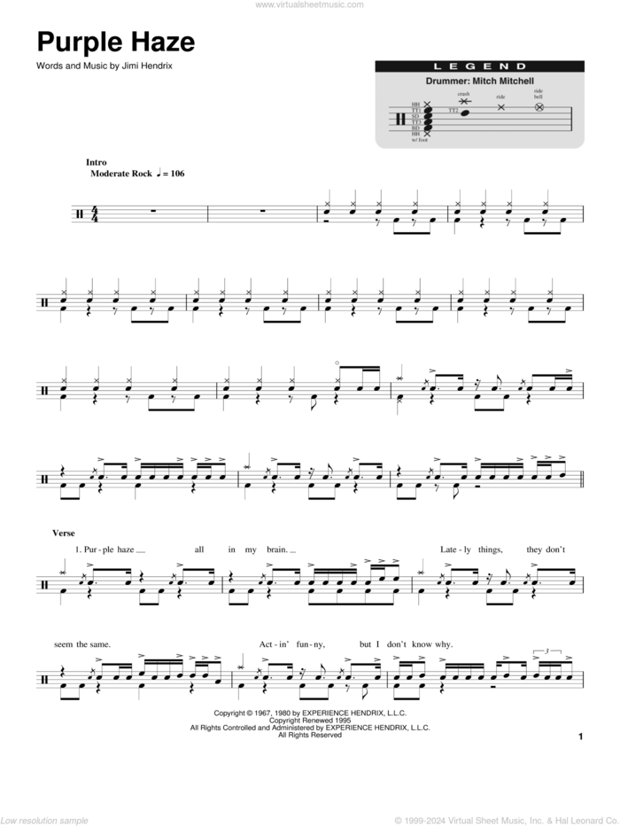 Purple Haze sheet music for drums by Jimi Hendrix, intermediate skill level