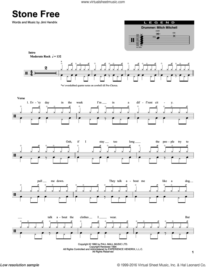 Stone Free sheet music for drums by Jimi Hendrix, intermediate skill level