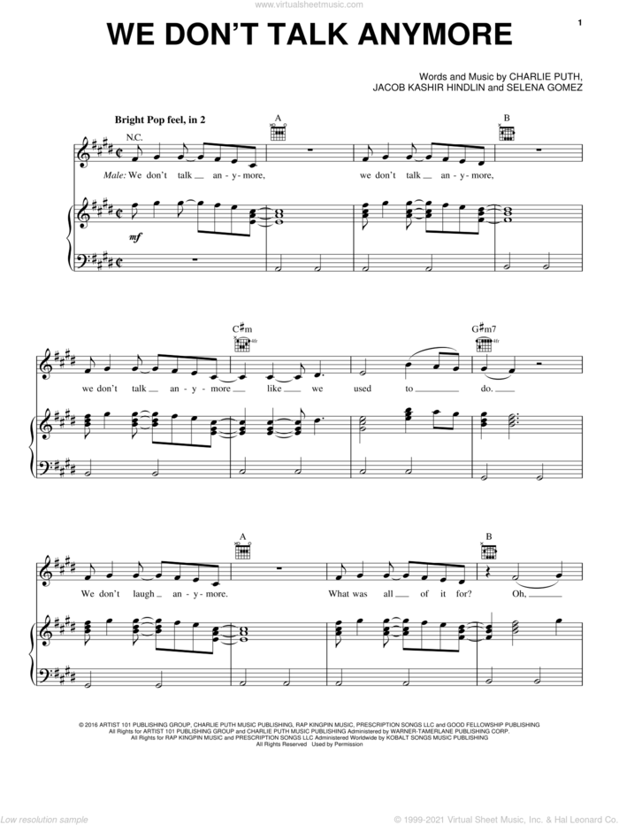 We Don't Talk Anymore sheet music for voice, piano or guitar by Charlie Puth feat. Selena Gomez, Charlie Puth, Jacob Kasher Hindlin and Selena Gomez, intermediate skill level