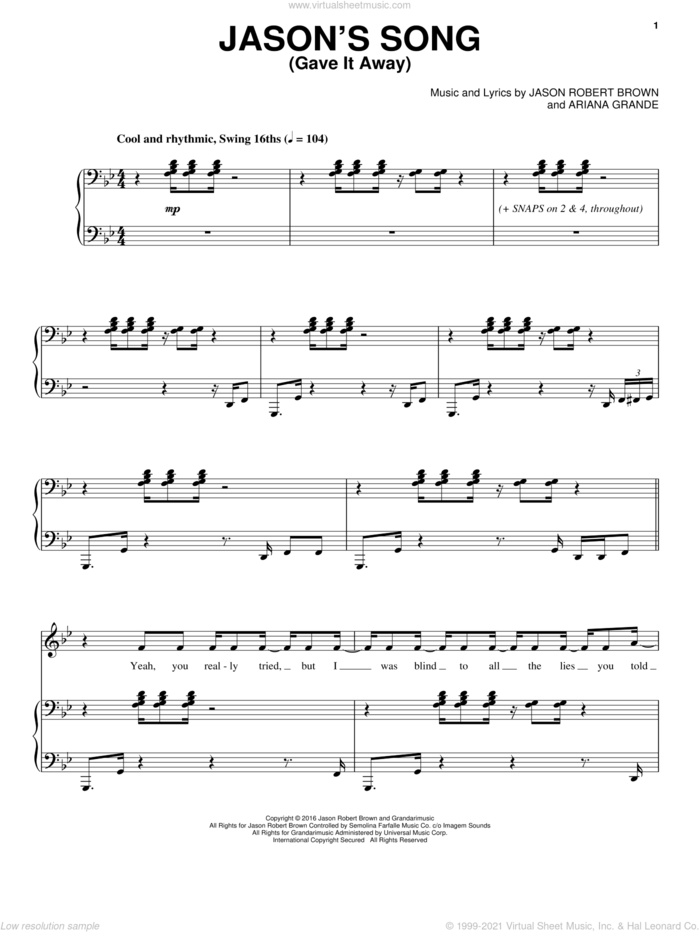 Jason's Song (Gave It Away) sheet music for voice and piano by Ariana Grande and Jason Robert Brown, intermediate skill level