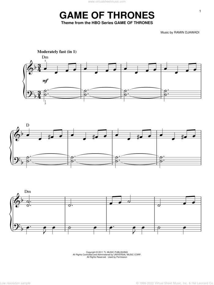 Game Of Thrones - Main Title, (easy) sheet music for piano solo by Ramin Djawadi and Game Of Thrones (TV Series), classical score, easy skill level