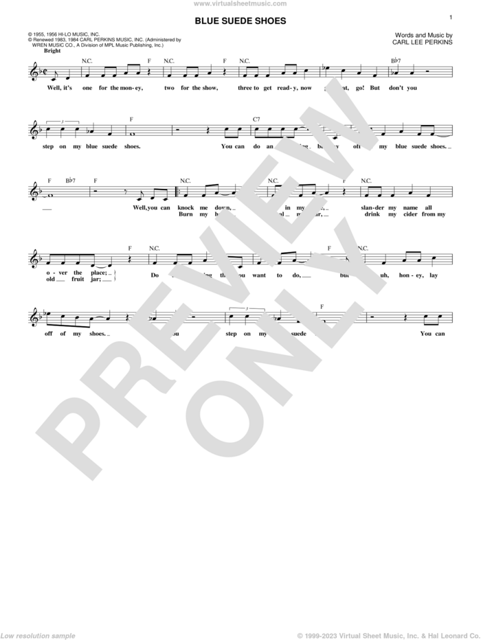 Blue Suede Shoes sheet music for voice and other instruments (fake book) by Carl Perkins and Elvis Presley, intermediate skill level
