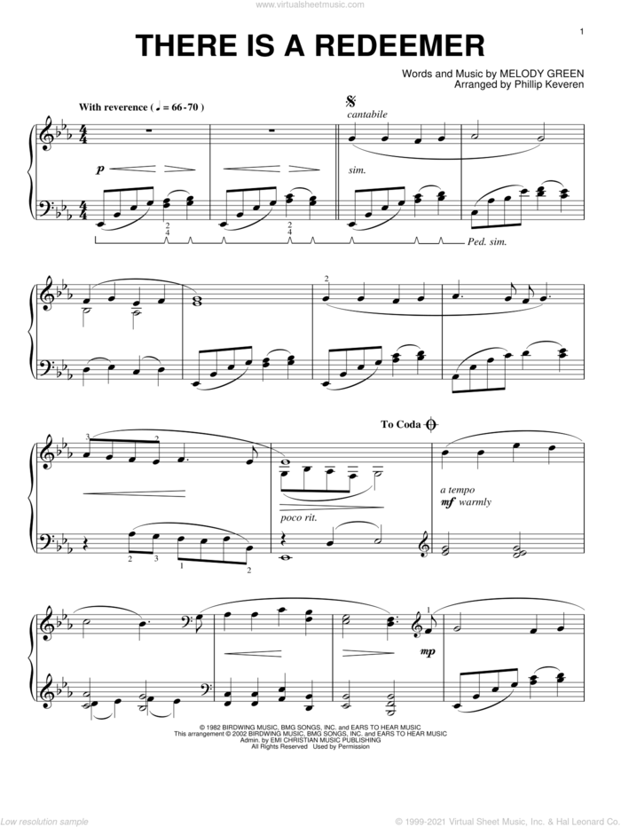 There Is A Redeemer (arr. Phillip Keveren) sheet music for piano solo by Keith Green, Phillip Keveren and Melody Green, intermediate skill level