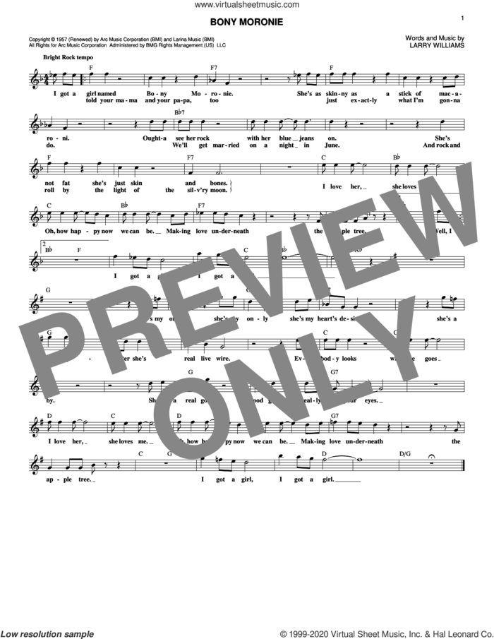 Bony Moronie sheet music for voice and other instruments (fake book) by Larry Williams, intermediate skill level