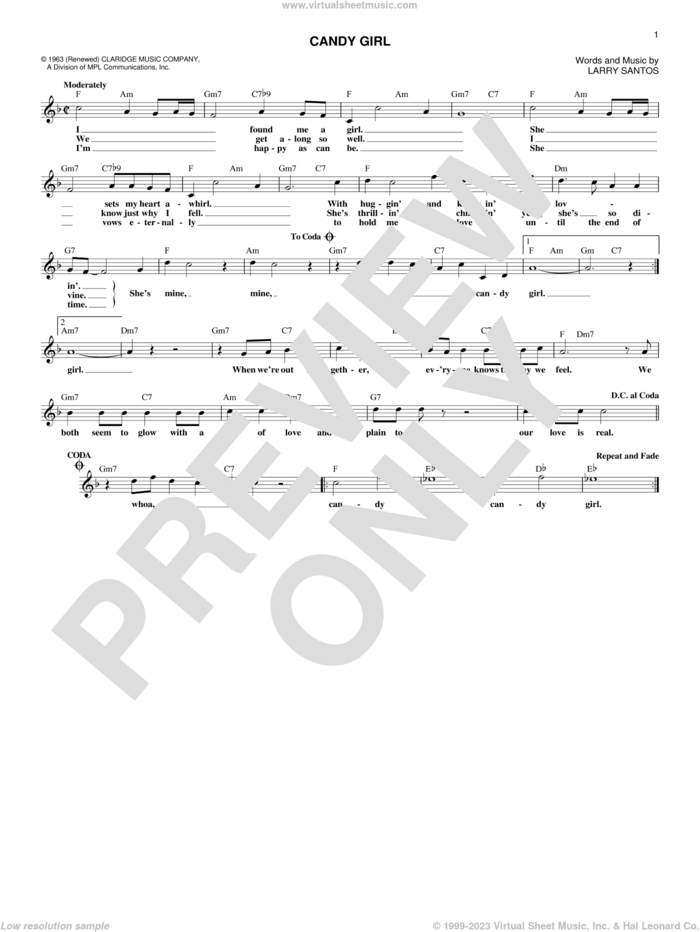 Candy Girl sheet music for voice and other instruments (fake book) by The Four Seasons and Larry Santos, intermediate skill level