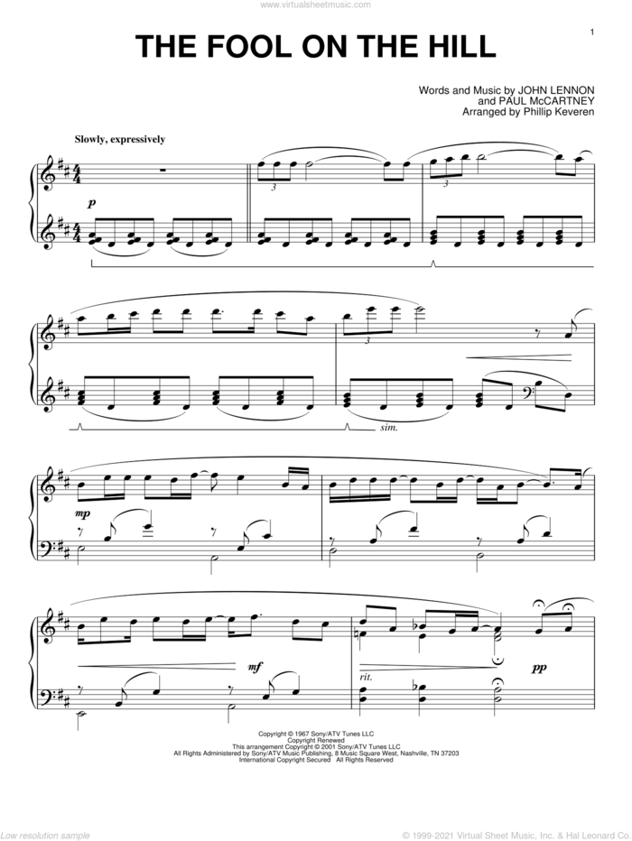 The Fool On The Hill (arr. Phillip Keveren) sheet music for piano solo by The Beatles, Phillip Keveren, John Lennon and Paul McCartney, intermediate skill level