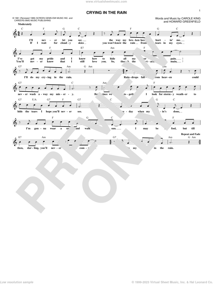 Crying In The Rain sheet music for voice and other instruments (fake book) by Everly Brothers, Carole King and Howard Greenfield, intermediate skill level