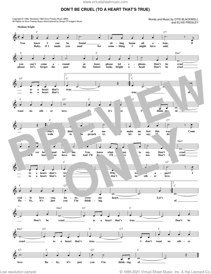 Don't Be Cruel (To A Heart That's True) sheet music for voice and other instruments (fake book) by Elvis Presley and Otis Blackwell, intermediate skill level