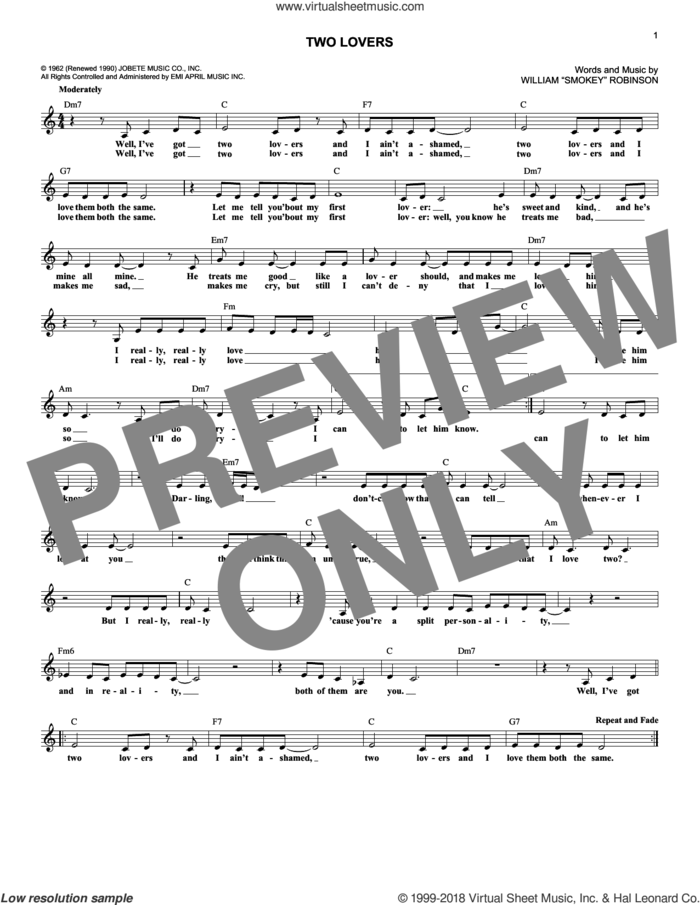 Two Lovers sheet music for voice and other instruments (fake book) by William 'Smokey' Robinson, intermediate skill level