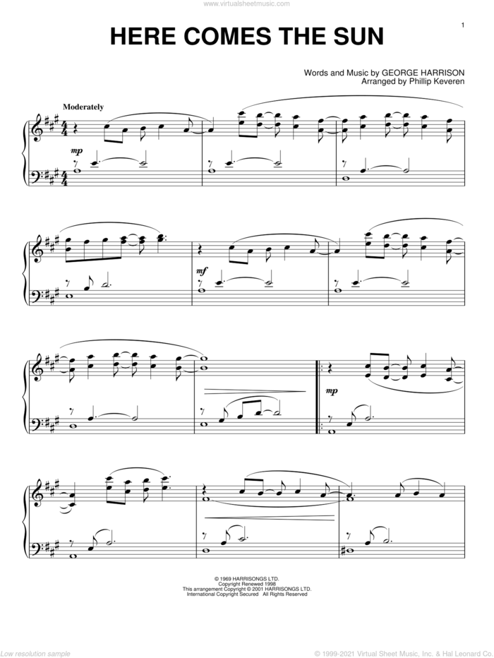 Here Comes The Sun (arr. Phillip Keveren) sheet music for piano solo by The Beatles, Phillip Keveren and George Harrison, intermediate skill level