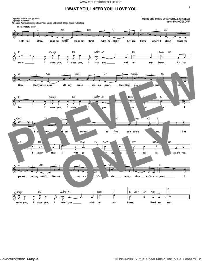 I Want You, I Need You, I Love You sheet music for voice and other instruments (fake book) by Elvis Presley, Ira Kosloff and Maurice Mysels, intermediate skill level
