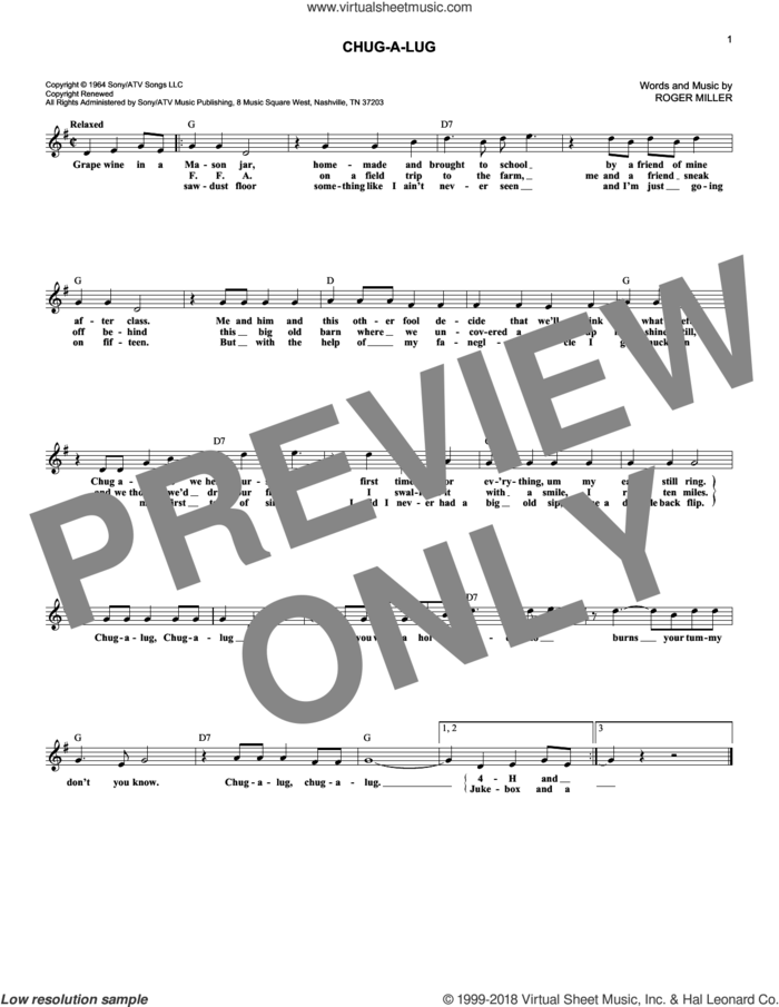 Chug-A-Lug sheet music for voice and other instruments (fake book) by Roger Miller, intermediate skill level