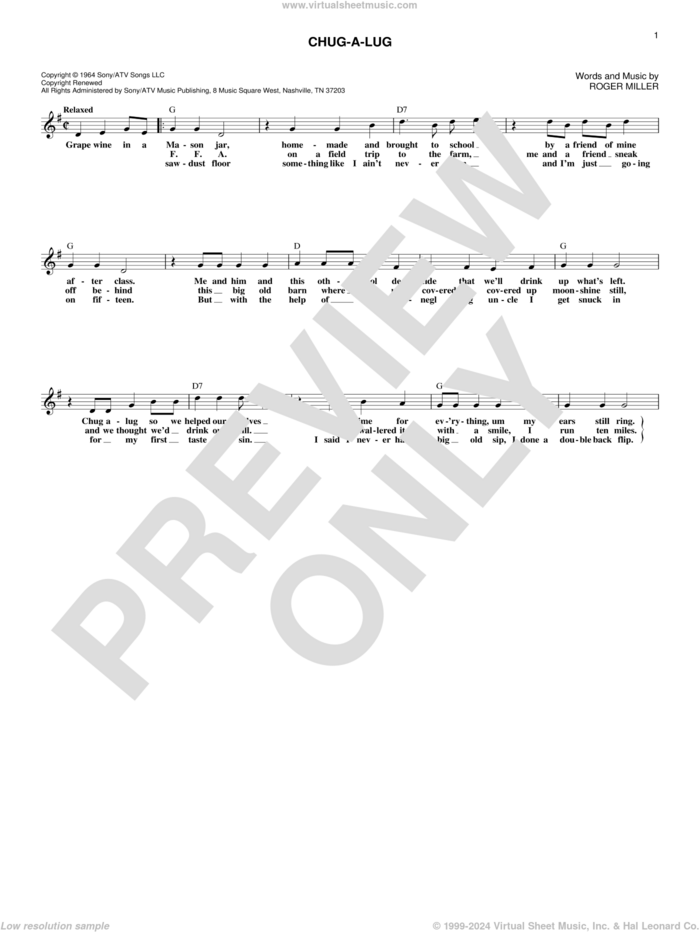 Chug-A-Lug sheet music for voice and other instruments (fake book) by Roger Miller, intermediate skill level