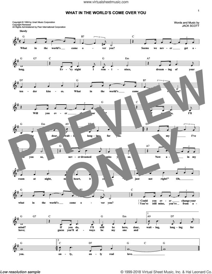 What In The World's Come Over You sheet music for voice and other instruments (fake book) by Jack Scott, intermediate skill level