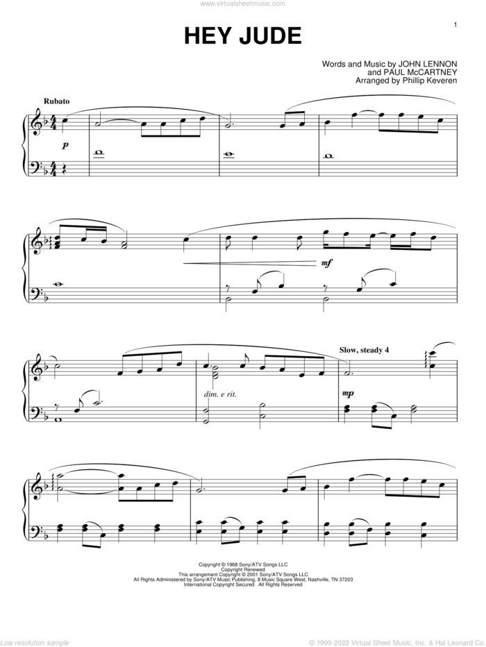Hey Jude (arr. Phillip Keveren) sheet music for piano solo by The Beatles, Phillip Keveren, John Lennon and Paul McCartney, intermediate skill level