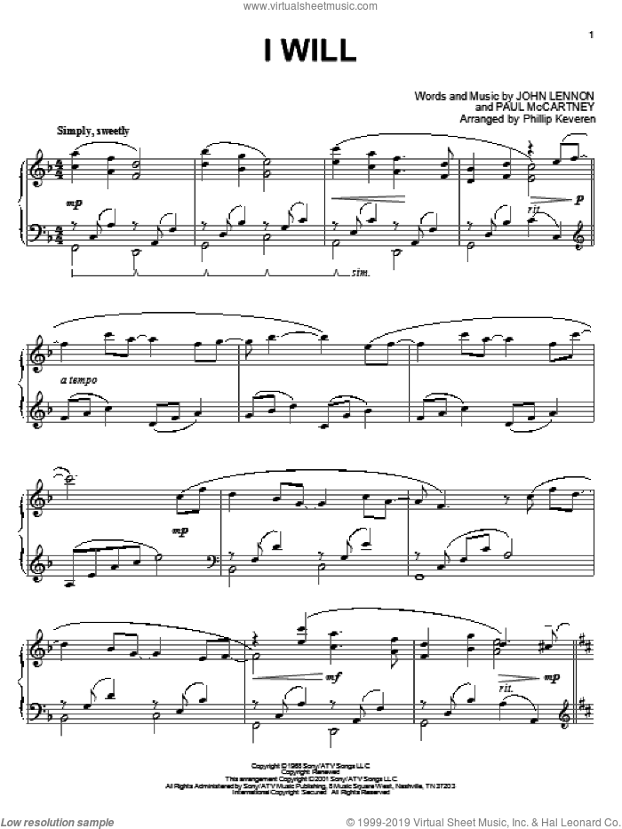 I Will (arr. Phillip Keveren) sheet music for piano solo by The Beatles, Phillip Keveren, John Lennon and Paul McCartney, wedding score, intermediate skill level