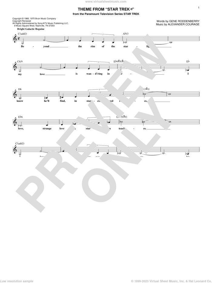 Theme From Star Trek sheet music for voice and other instruments (fake book) by Gene Roddenberry and Alexander Courage, intermediate skill level