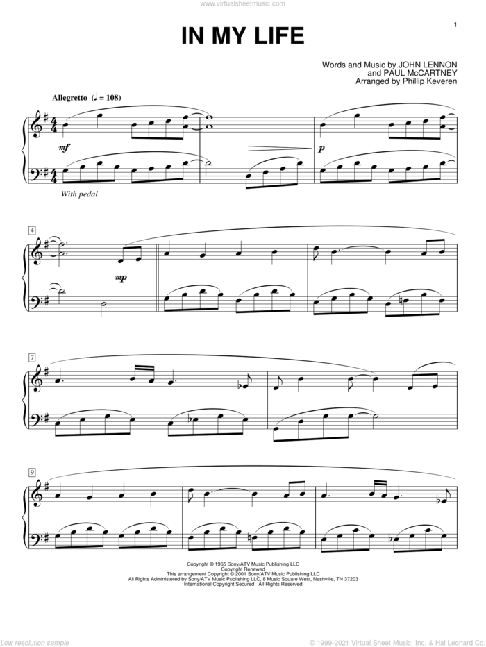 In My Life (arr. Phillip Keveren) sheet music for piano solo by The Beatles, Phillip Keveren, John Lennon and Paul McCartney, wedding score, intermediate skill level