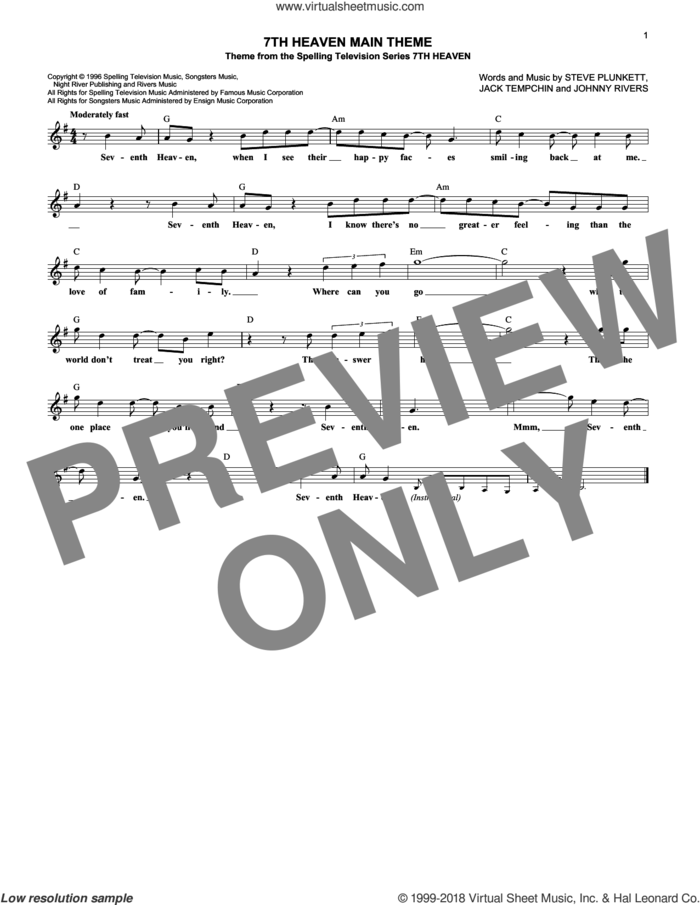 7th Heaven Main Theme sheet music for voice and other instruments (fake book) by Steve Plunkett, Jack Tempchin and Johnny Rivers, intermediate skill level