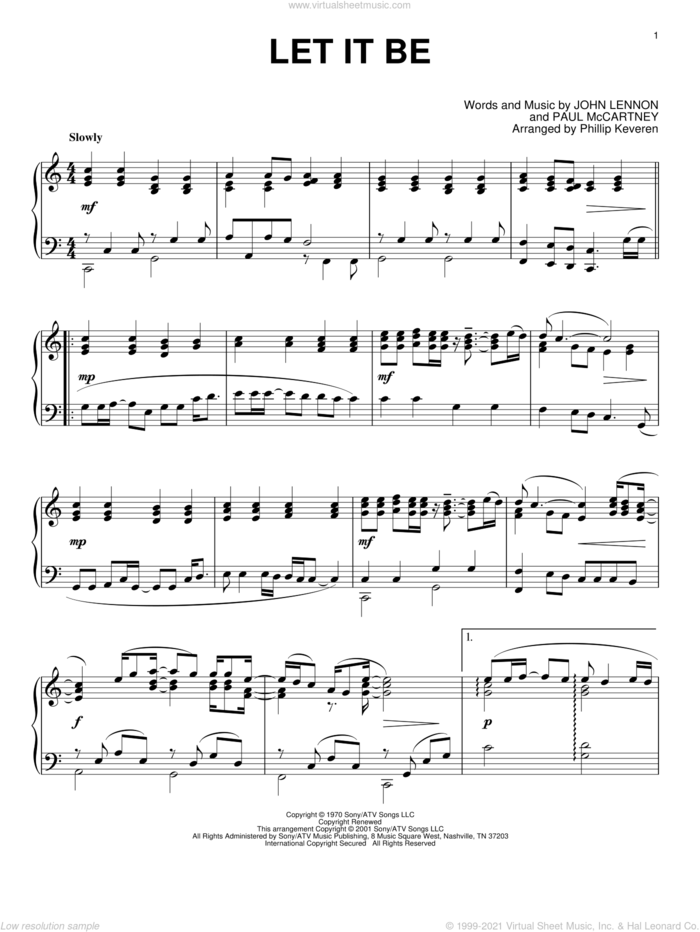 Let It Be (arr. Phillip Keveren) sheet music for piano solo by The Beatles, Phillip Keveren, John Lennon and Paul McCartney, intermediate skill level