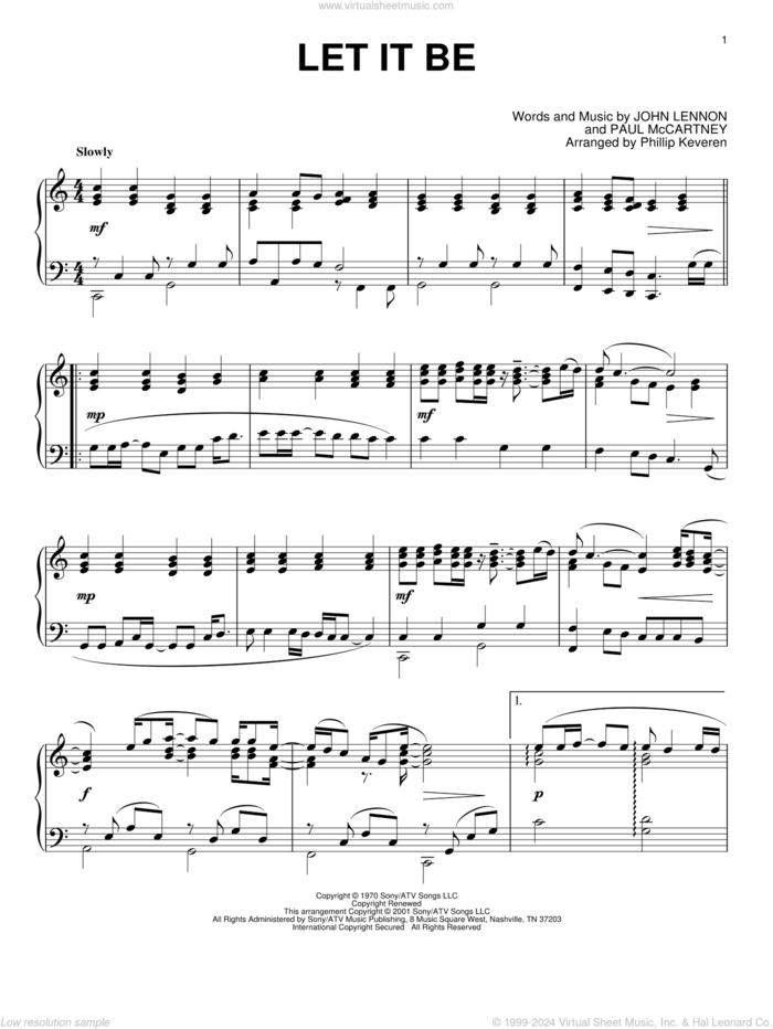 Let It Be (arr. Phillip Keveren) sheet music for piano solo by The Beatles, Phillip Keveren, John Lennon and Paul McCartney, intermediate skill level