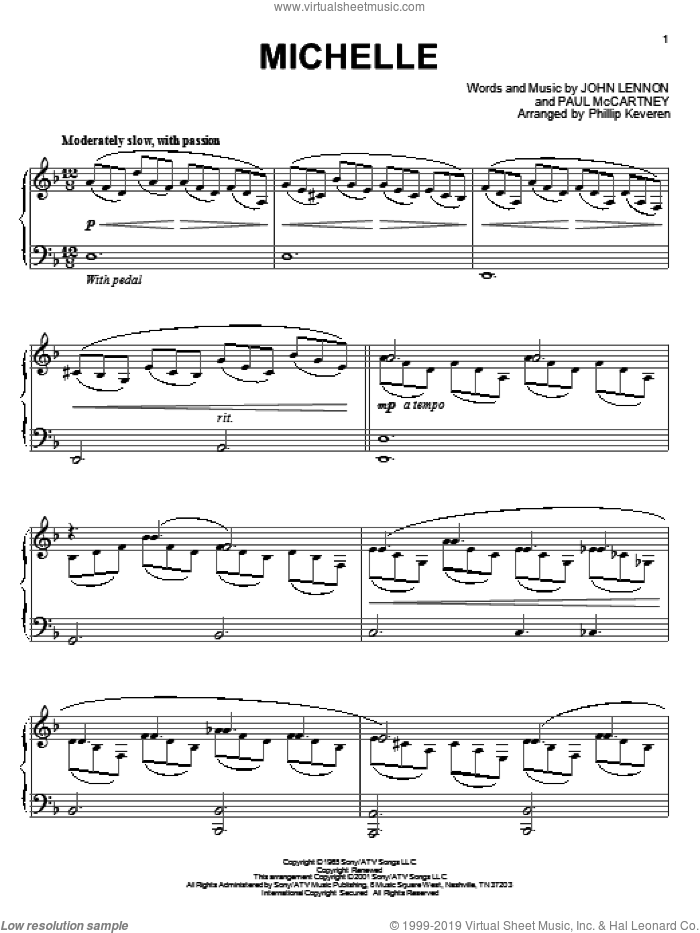 Michelle (arr. Phillip Keveren) sheet music for piano solo by The Beatles, Phillip Keveren, John Lennon and Paul McCartney, intermediate skill level