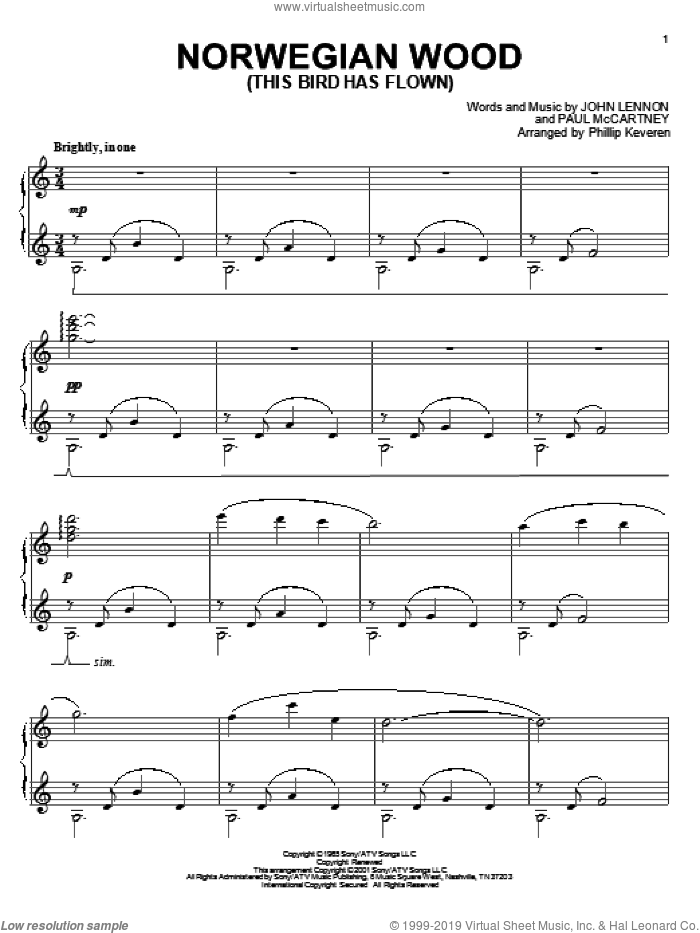 Norwegian Wood (This Bird Has Flown) (arr. Phillip Keveren) sheet music for piano solo by The Beatles, Phillip Keveren, John Lennon and Paul McCartney, intermediate skill level