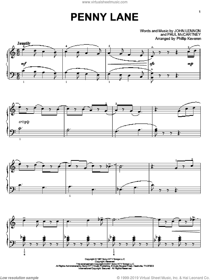 Penny Lane (arr. Phillip Keveren) sheet music for piano solo by The Beatles, Phillip Keveren, John Lennon and Paul McCartney, intermediate skill level