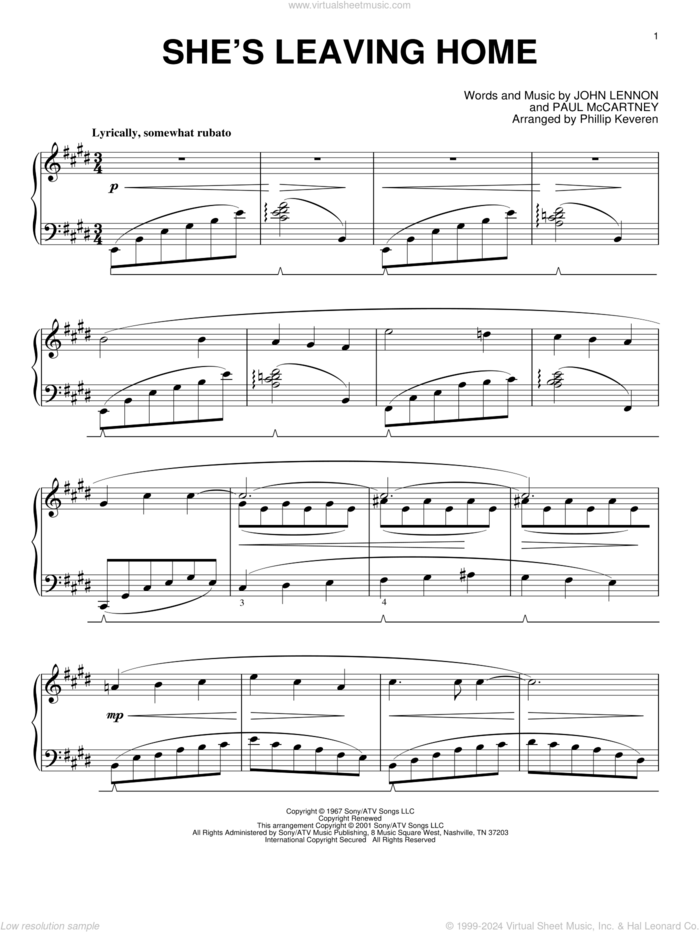 She's Leaving Home (arr. Phillip Keveren) sheet music for piano solo by The Beatles, Phillip Keveren, John Lennon and Paul McCartney, intermediate skill level